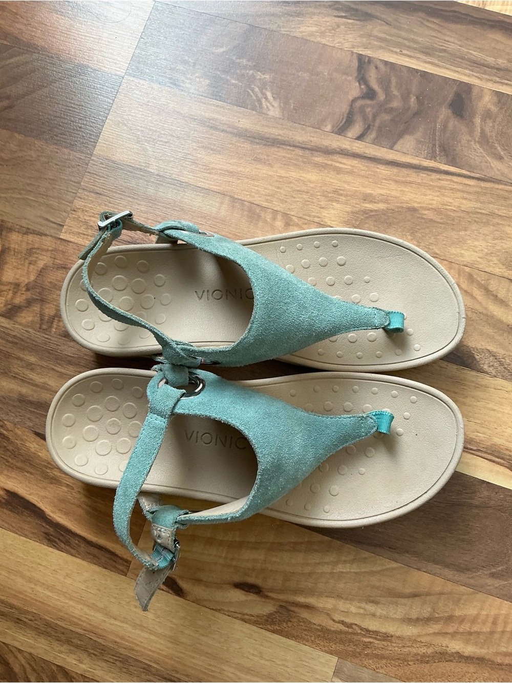 Vionic Teal Suede T-strap Sandals